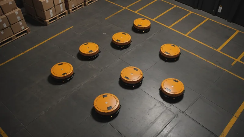 Multiple AMR robots moving concurrently across a warehouse floor