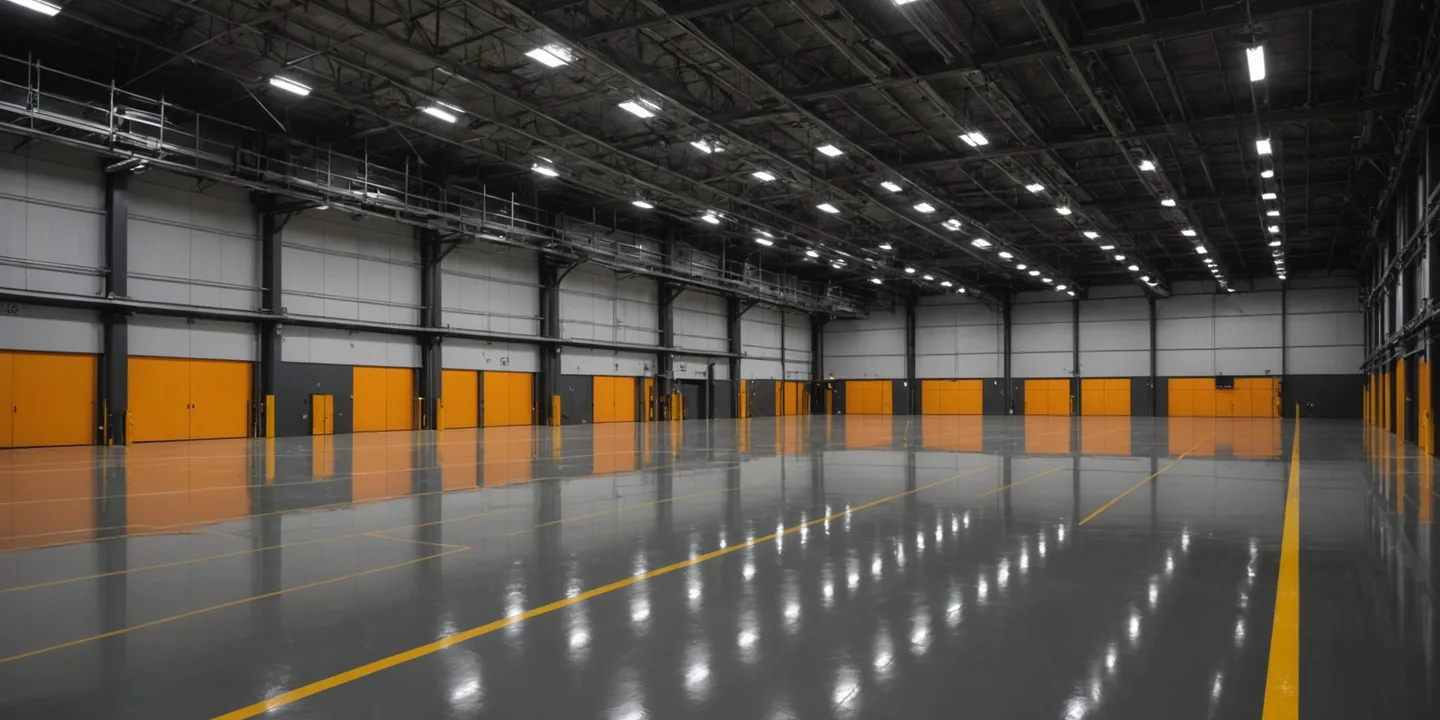 High-bay logistics centre interior with clearly marked zones and automated guided vehicles moving in parallel lanes