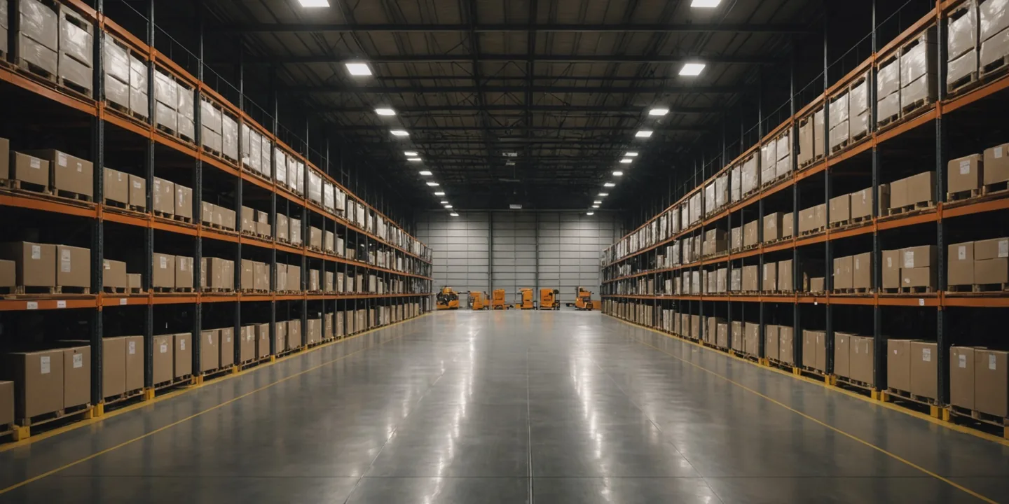 Wide-angle interior view of a modern warehouse facility with high racking and clear floor lanes